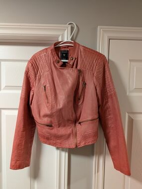 Guess Women's Coral-Pink Leather Moto Jacket
